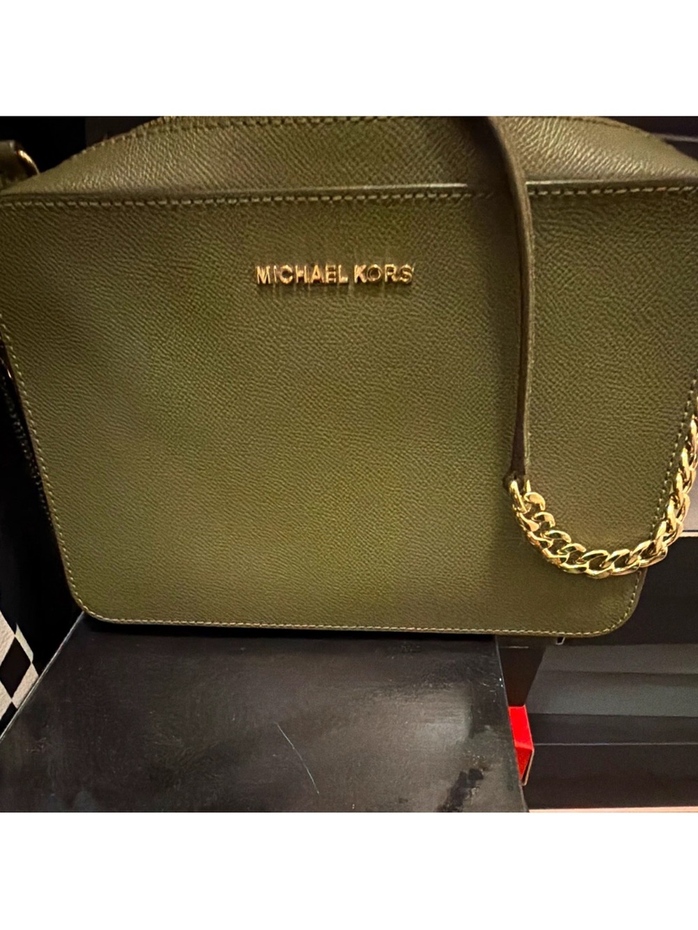Michael Kors Olive Leather Dome Shoulder Bag with Gold Chain